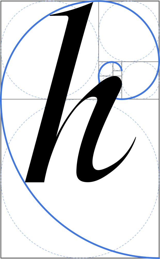 The calligraphic h drawn on the golden ratio, with the Fibonacci spiral construction