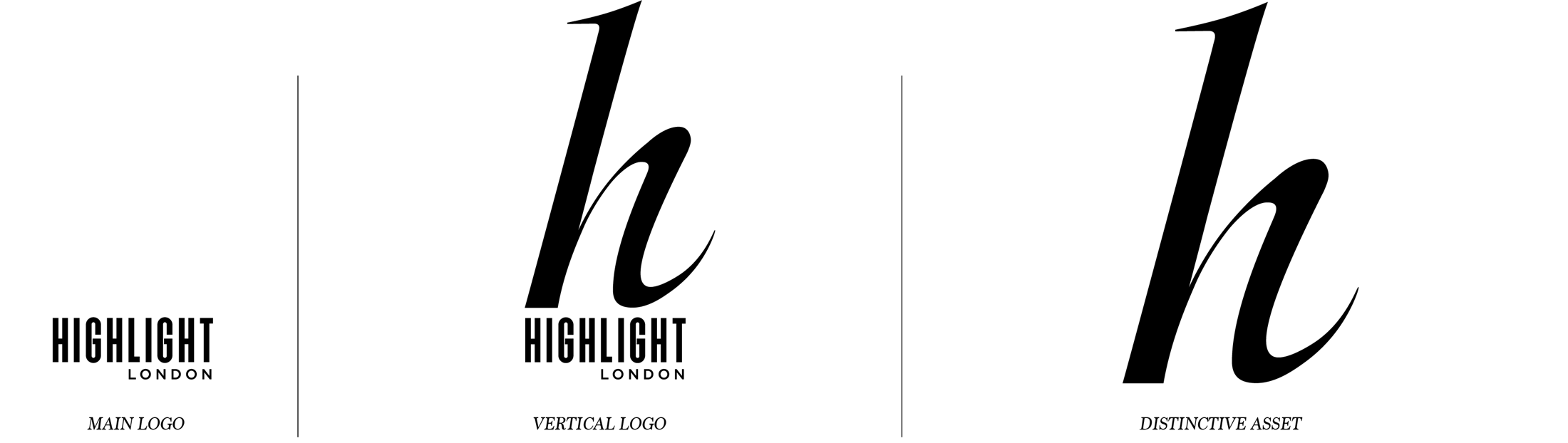 Highlight London logo system: main logo, vertical logo and the distinctive calligraphic h asset