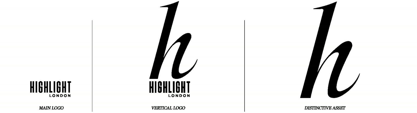 Highlight London logo system: main logo, vertical logo and the distinctive h asset