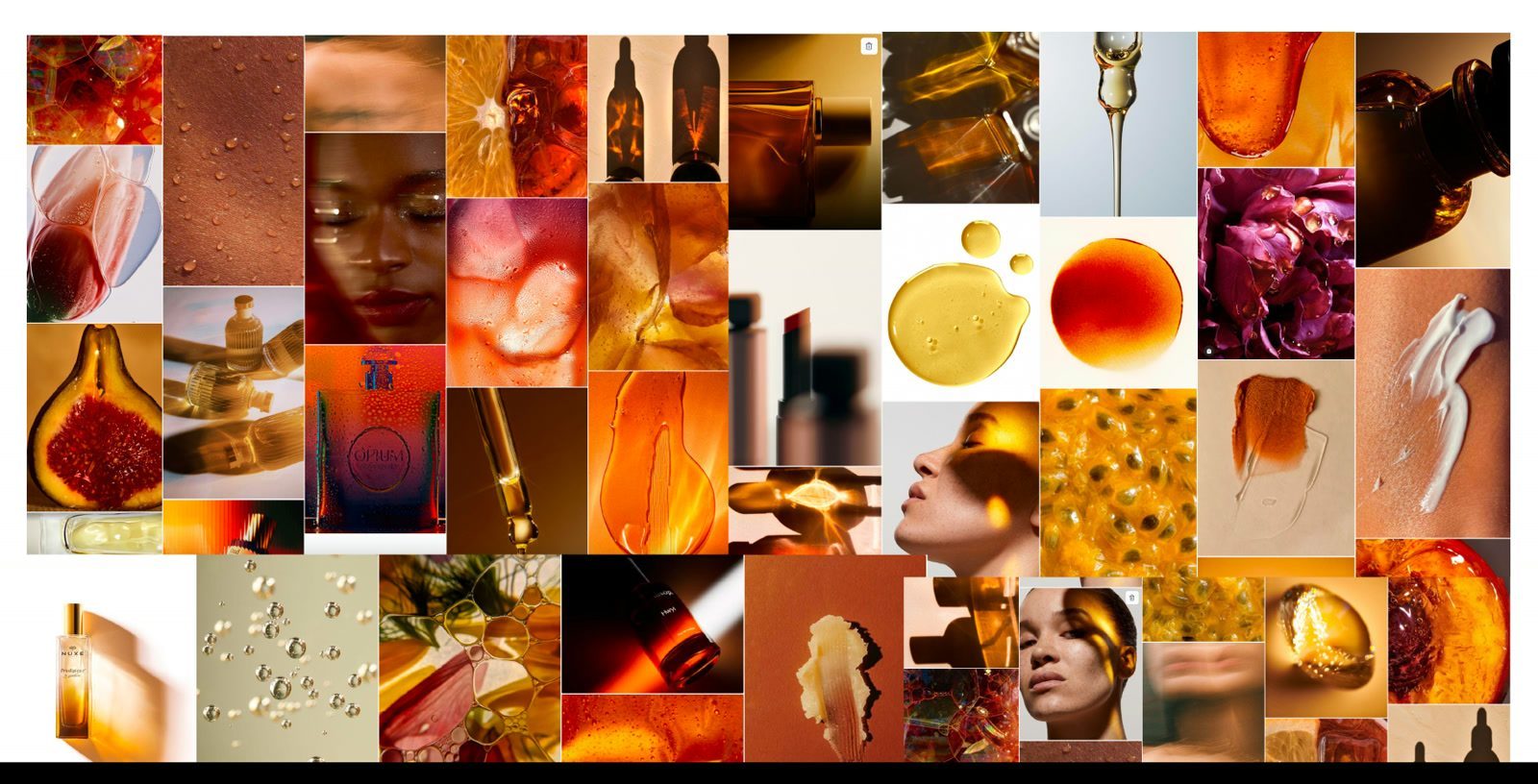 Highlight London Sun moodboard, warm amber, gold and rose beauty textures