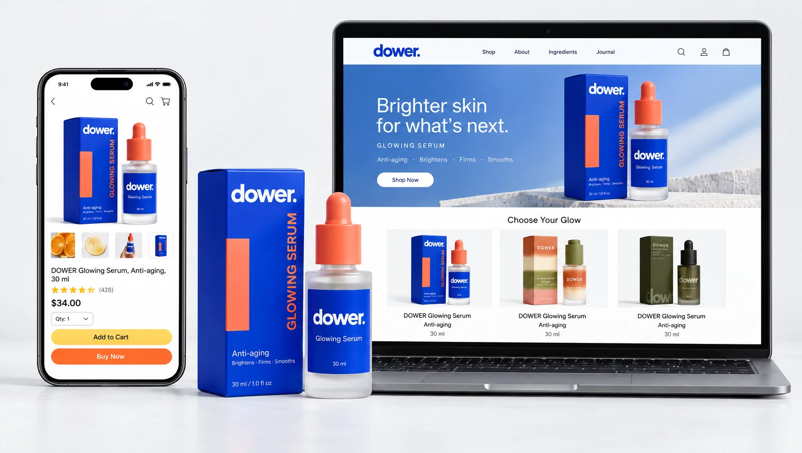 DOWER Glowing Serum on a marketplace product page on a phone and on its brand website on a laptop, beside the real cobalt pack