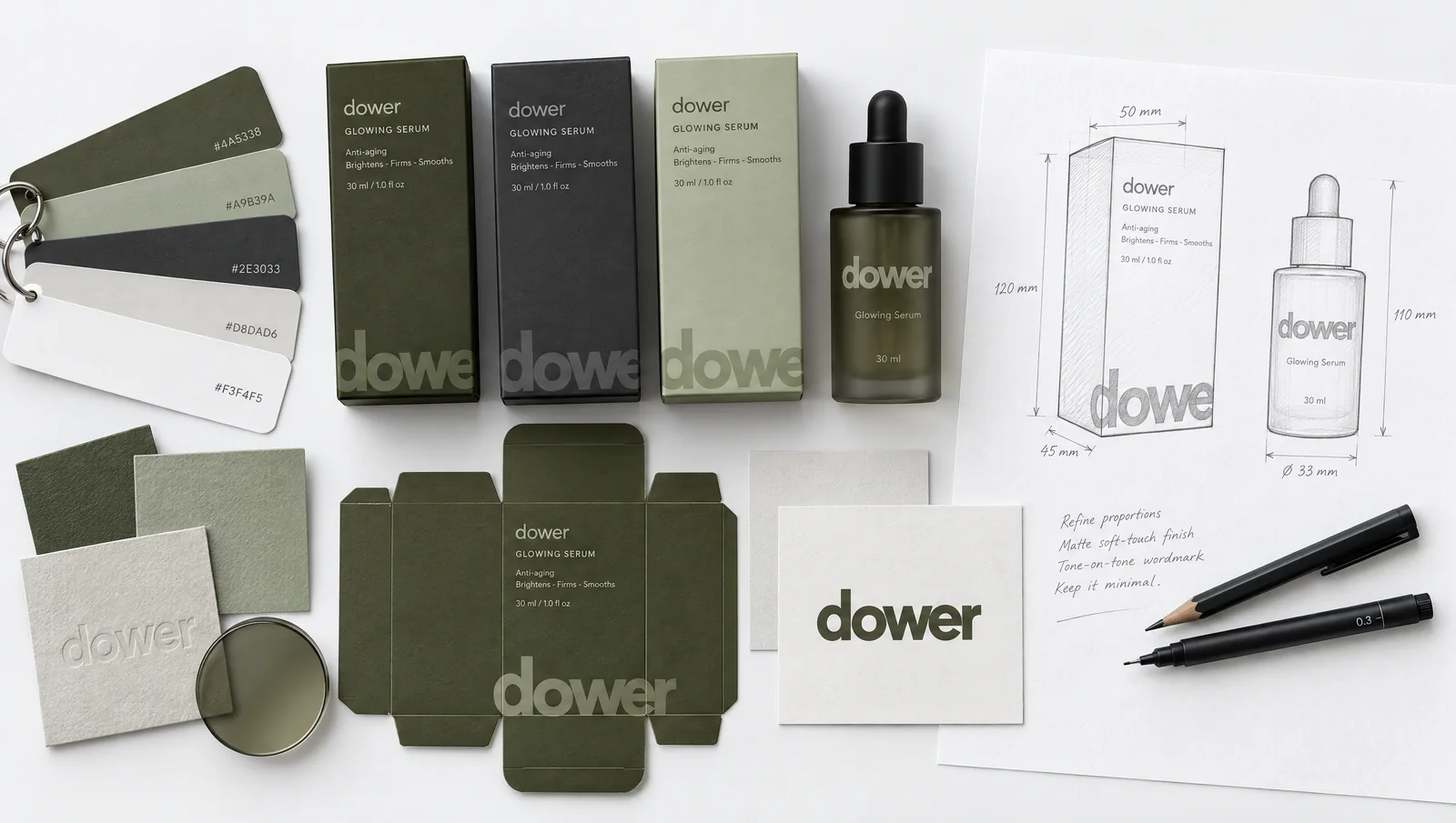 DOWER packaging design process: three carton colourways, colour swatches, material samples, a dieline and a pencil sketch of the serum bottle and box