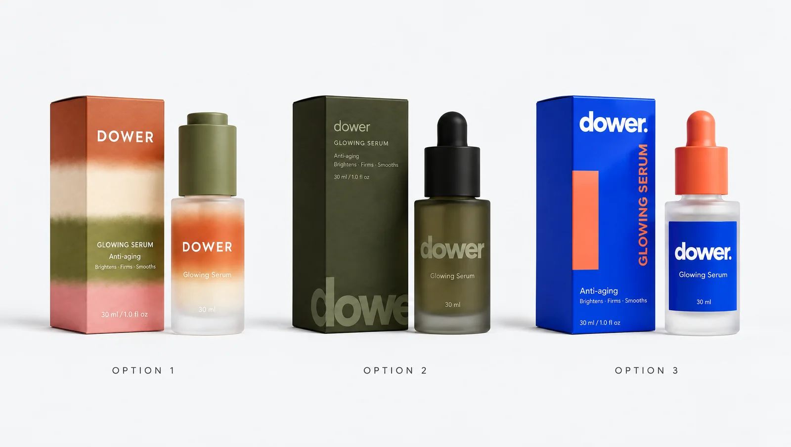 Three packaging design options for DOWER Glowing Serum, a concept skincare brand by Highlight London: colour-field, olive tone-on-tone and cobalt