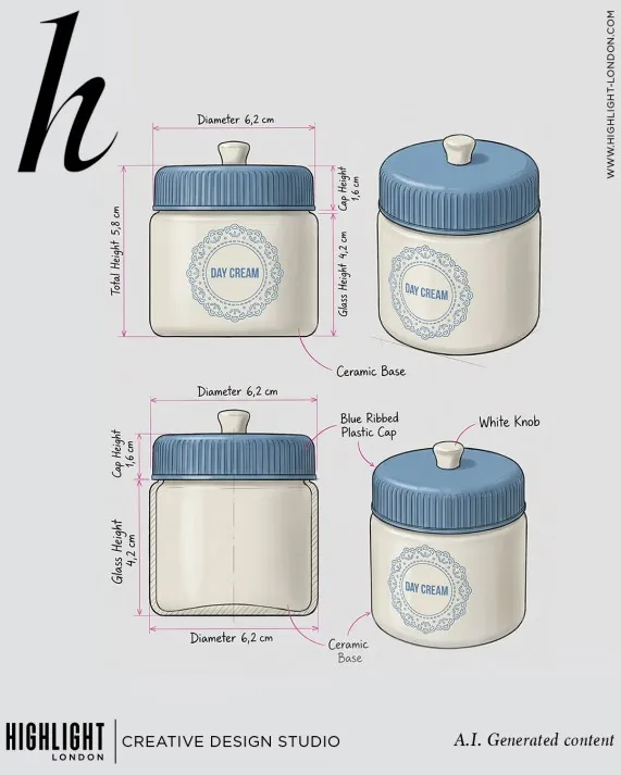 Technical drawing of the Laced Up day cream jar, 6.2 cm diameter, ceramic base, blue ribbed cap
