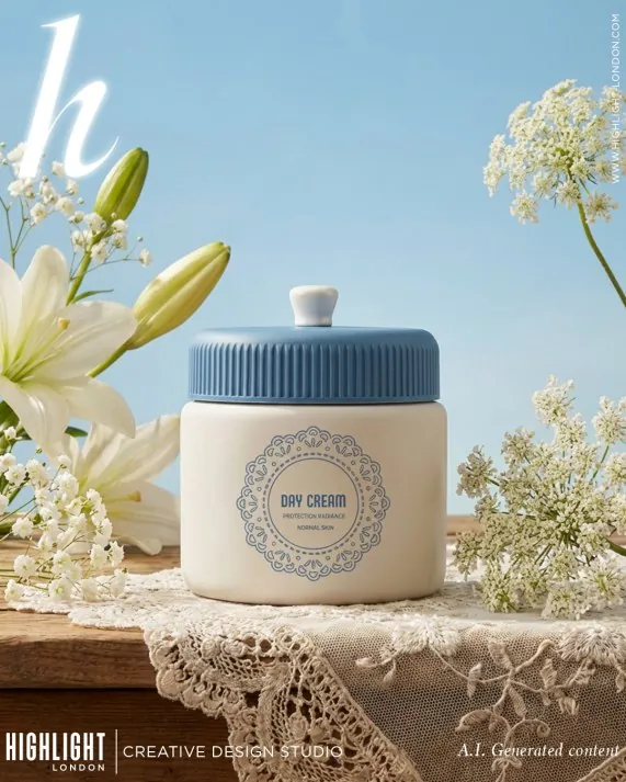 Laced Up day cream product shot on lace with lilies
